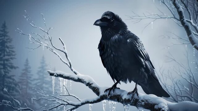 Large black raven perched on a snow-covered branch with frozen icicles in a foggy winter forest landscape featuring evergreen trees and a cold blue atmosphere.