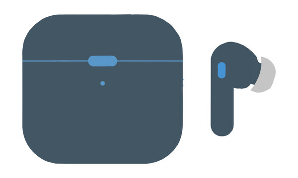Minimalist pictogram of a wireless earbud and a charging case on a white background, modern technology concept