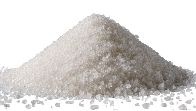 Isolated large mound of white granular salt crystals a staple kitchen food ingredient.