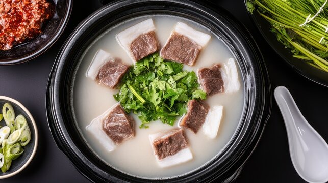 Overhead shot of Korean soup with meat, cilantro, and side dishes