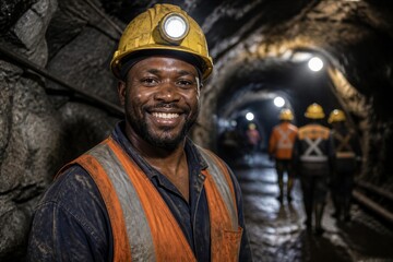 Fototapeta premium A man wears a yellow helmet and smiles while standing in an underground tunnel. Light shines from lamps on the walls, and co-workers walk in the background, dressed in safety gear.