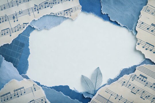 Torn Sheet Music Paper with Craft Texture Framing an Empty Center, Ideal for Scrapbooking, Collage, Journal Design, and Archive Projects