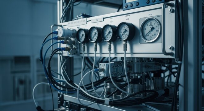 Detailed instrumentation panel with flow meters and pressure gauges installed on a microgravity fluids experiment rack during system verification.
