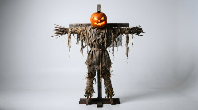 Eerie halloween scarecrow with illuminated pumpkin head on white background jack o lantern scarecrow halloween decoration seasonal terrifying nightmare creature menacing celebration