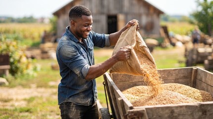Obraz na płótnie Canvas African American man farmer emptying burlap sack of grain into wooden cart. Agricultural worker harvesting wheat crop on farm field. Rural lifestyle and sustainable food production concept