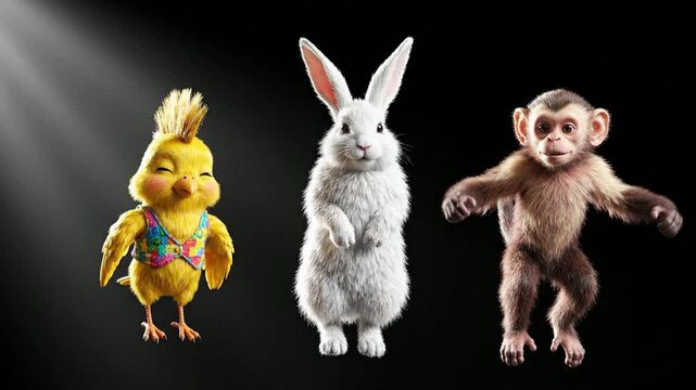 3 d animated characters jumping together: cute chick, white rabbit, and little monkey isolated on black background