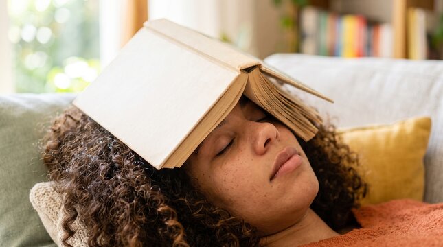 African american woman sleeping with book on face while relaxing on sofa at home. Tired reader taking nap during study. Concept of exhaustion, education lifestyle and leisure time