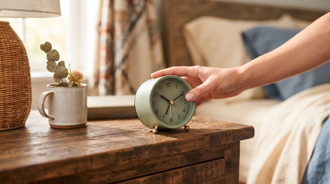 Woman hand turning off alarm clock on wooden bedside table in bedroom. Morning routine and schedule management. Concept of waking up, time management, punctuality and daily planning