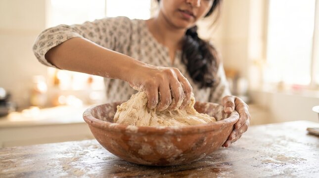 Woman kneading dough in clay bowl in home kitchen. Young baker preparing meal for baking process. Homemade culinary hobby and healthy food preparation concept for family lunch or dinner