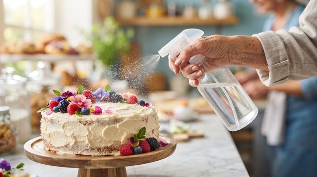 Woman baker spraying water on berry cake to keep it fresh. Food stylist preparing cake for professional photoshoot. Culinary art and kitchen decoration for birthday celebration