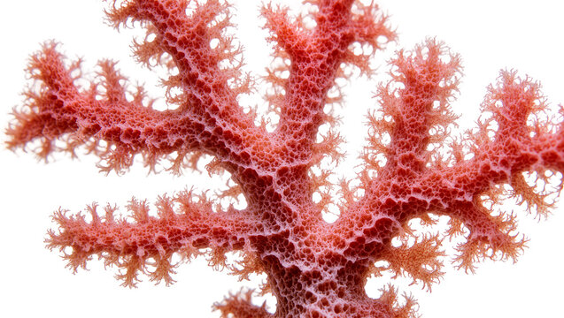 Isolated vibrant red soft coral branching structure with intricate porous texture detailed macro close-up