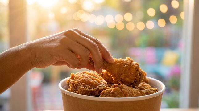 Woman hand taking crispy fried chicken leg from a cardboard bucket. Fast food dining experience at home. Crispy breaded meal with golden crust for lunch or dinner celebration snack