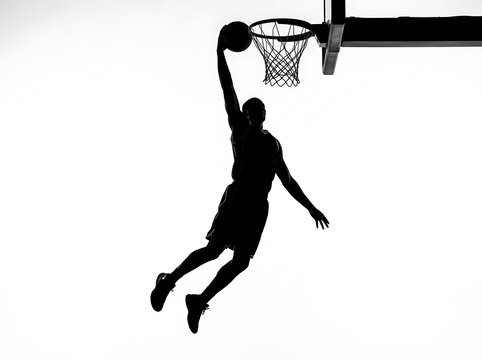 Silhouette of a basketball player dunking isolated on white background