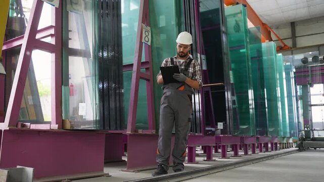 Warehouse worker inspecting glass panels inventory