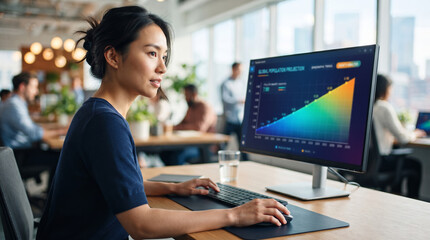 Fototapeta premium Asian woman analyst working on desktop computer with global population projection chart. Professional business strategy and data visualization. Corporate office environment, modern technology