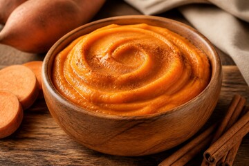 Fototapeta premium Creamy sweet potato puree swirled in wooden bowl on rustic table