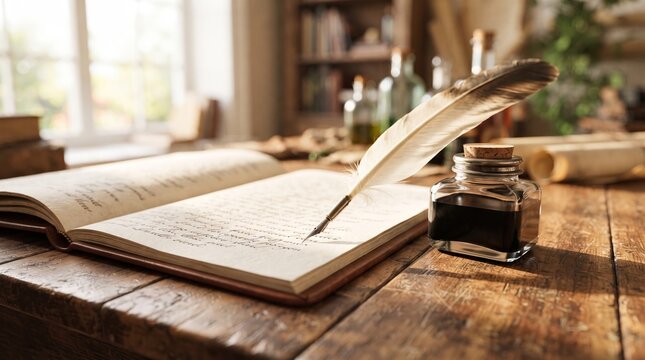 Quill pen writing in open vintage book on wooden desk. Glass inkwell with dark liquid near old manuscript. Literature education and historic author calligraphy concept in library room