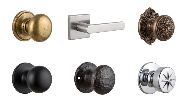 Collection of six classic and modern door knobs isolated on grey checkered background brass steel metallic hardware architectural details home decor interior design style.
