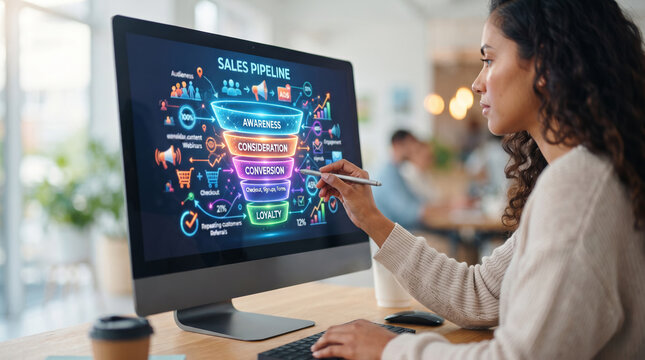 Woman marketer using stylus to analyze sales pipeline funnel on computer screen. Business strategy and growth planning. Digital marketing conversion optimization and customer journey analysis