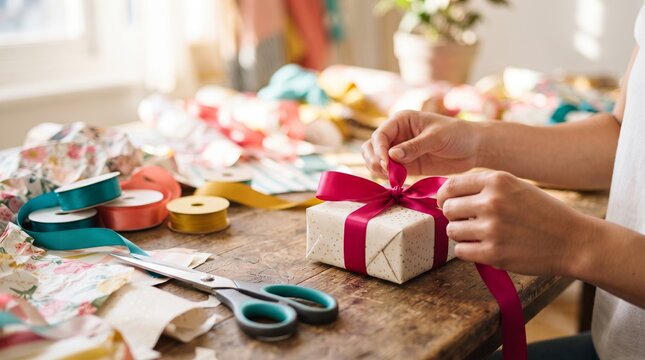 Woman wrapping gift with red ribbon on wooden table. Handmade craft for birthday celebration and holiday surprise. Creative process of decorating parcel with paper and scissors in home studio