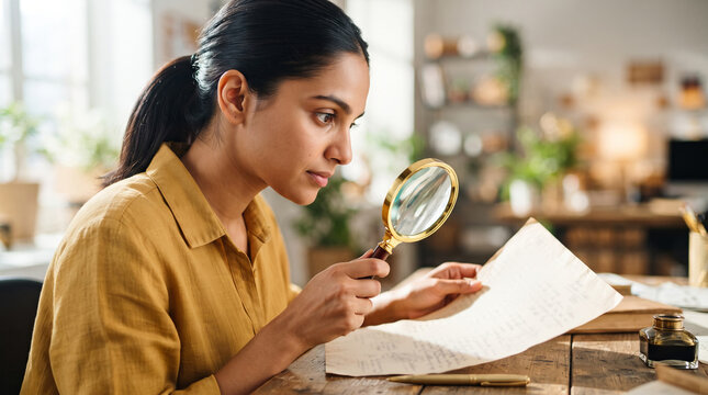 Indian woman looking at antique document through magnifying glass. Researcher studying historical text at desk. Academic work, education, archive investigation and vintage style concept
