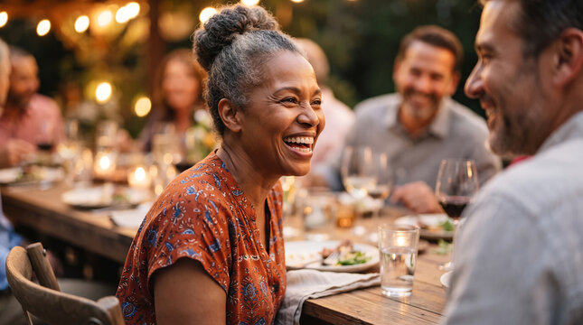 African American woman laughing during outdoor dinner party with friends. Group of people enjoying meal and conversation at night. Happy social gathering, friendship and lifestyle