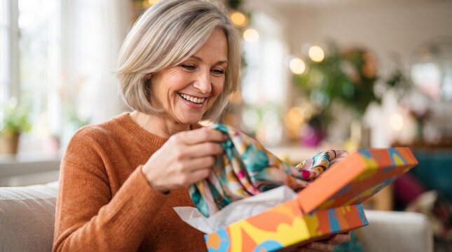 Mature woman opening colorful gift box with patterned scarf. Happy lady feeling excited while unwrapping present at home. Joyful birthday celebration and holiday surprise concept