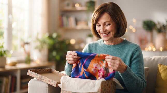 Mature woman opening gift box with floral scarf at home. Happy female receiving present. Concept of celebration, birthday surprise, gratitude and holiday shopping in cozy interior
