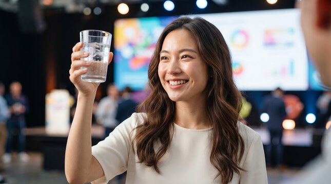 Asian woman smiling and holding a glass of water at a business conference. Networking event with professional coworkers. Corporate lifestyle and communication during a meeting break