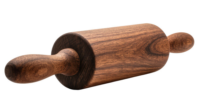 Isolated wooden rolling pin, classic kitchen baking tool with beautiful natural dark wood grain.