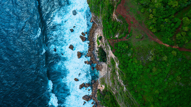 Karang boma cliff on bali aerial ciew drom drone