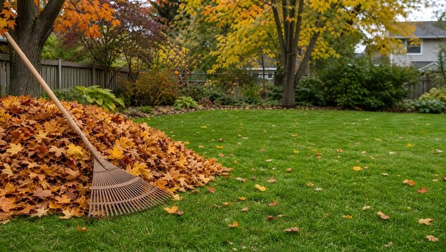 Autumn garden maintenance featuring large pile of orange maple leaves and metal leaf rake on green grass.