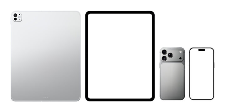 Photorealistic silver mobile devices collection mockup: smartphone and tablet pc. Front and back views isolated on transparent background. Vector PNG