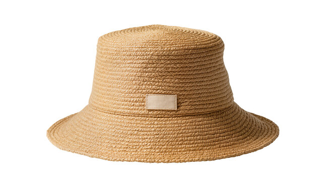 Isolated fashionable straw bucket hat, crafted from natural woven fibers for summer style.