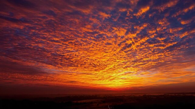 Vibrant sunset paints sky with fiery hues. Clouds glow orange, purple, and deep red. Horizon fades into soft twilight tones. Distant landscape barely visible beneath glow