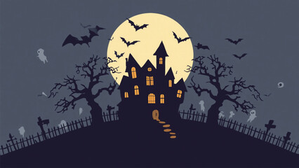 Spooky Halloween night background with haunted castle house, full moon and bats vector © Zee