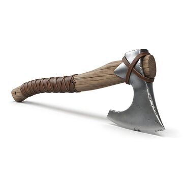 A meticulously crafted Viking battle axe with a weathered wooden handle and leather bindings, its sharp steel blade gleaming, rests ready for action.