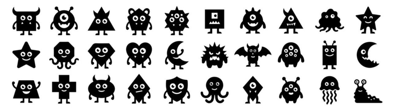 Minimalist Monster Geometric Cute Creature Silhouette Vector Collection