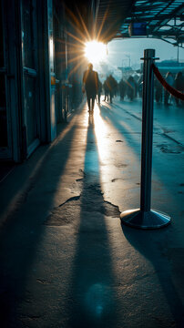 Dramatic sunbeams and shadows on station concourse