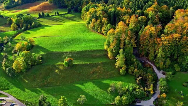 Aerial view of the lush green fields and autumn-colored trees surrounding the Attersee area in Vocklabruck District, Upper Austria, Austria.