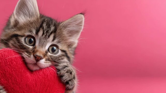 Cute tabby kitten holding a red heart pillow on a pink background, adorable small cat looking at camera for romantic greeting card or love concept
