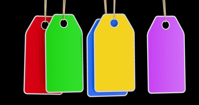 Multicolored hanging price tags moving seamlessly loopable. 3D rendering isolated on transparent background