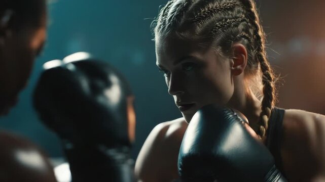 A young woman with braids boxing intensely.