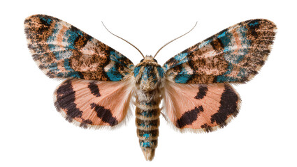 Isolated colorful moth with intricately patterned wings and furry body, detailed wildlife nature © Oisin