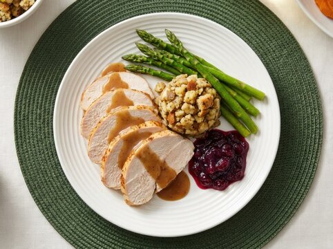 A delicious plate of roasted turkey slices served with savory stuffing fresh green asparagus and sweet cranberry sauce on a round placemat