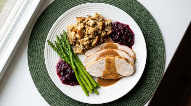 A delicious holiday dinner plate featuring sliced roasted turkey breast with savory gravy served alongside fresh asparagus stuffing and red cabbage side dishes