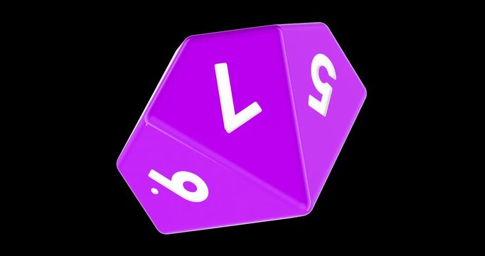 Purple 10 sided die rotation animation seamlessly loopable. 3D rendering isolated on transparent background