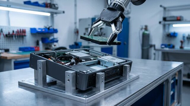 Physical Artificial Intelligence Robot Arm Handling Circuit Board in Electronics Lab