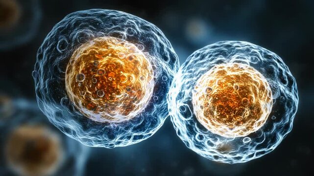 Biological cell division process showing mitosis and cellular replication in a microscopic view for medical research and scientific study background