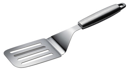 Isolated shiny metal kitchen spatula with slotted blade, essential cooking tool for turning and serving © Francisco